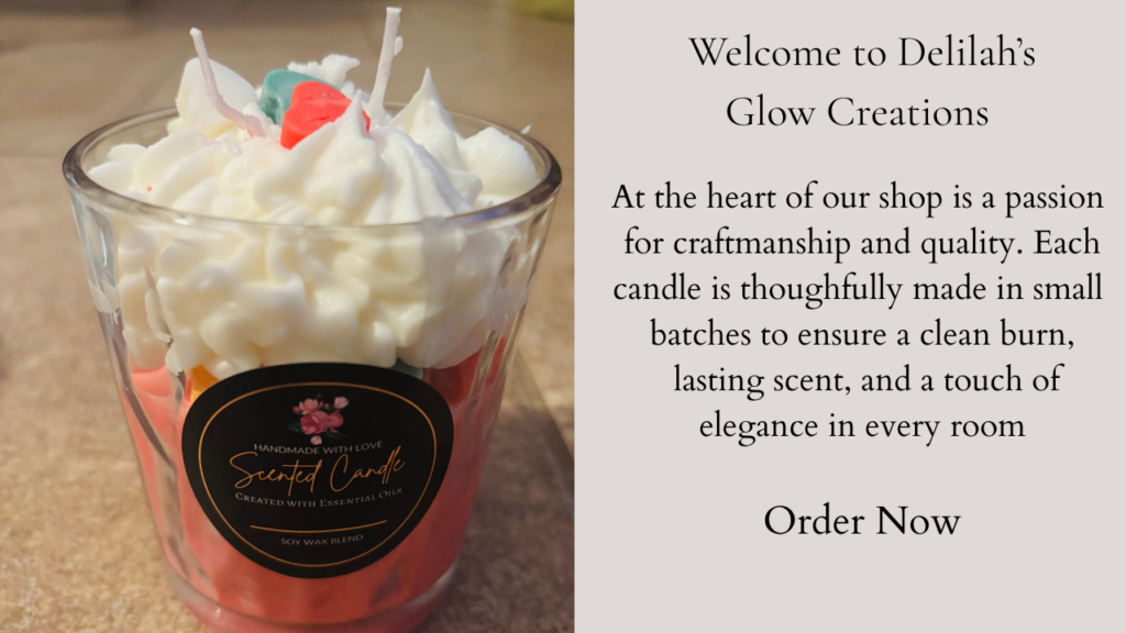 intro with a image of a soy candle on the left side and text on a purple backgrond