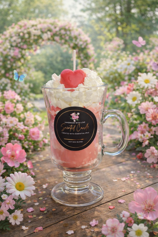 A image of a pink and white soy candle in a glass 