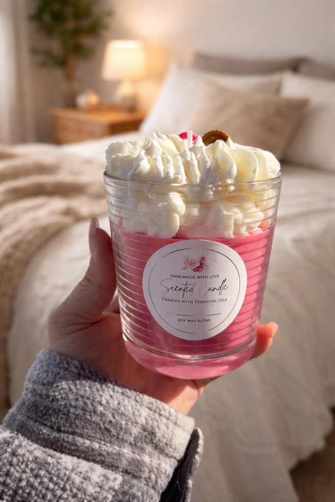 pink and white soy candle held in a women's hand