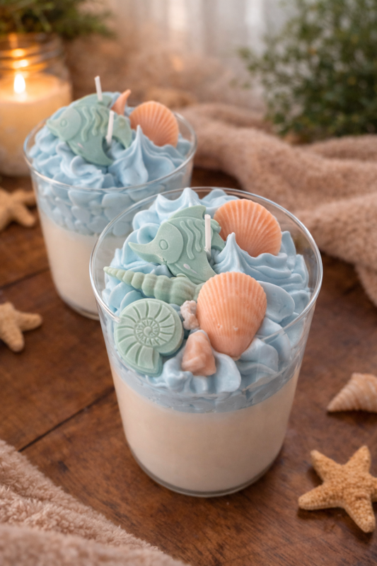 A picture of two soy candles with a ocean themetheme