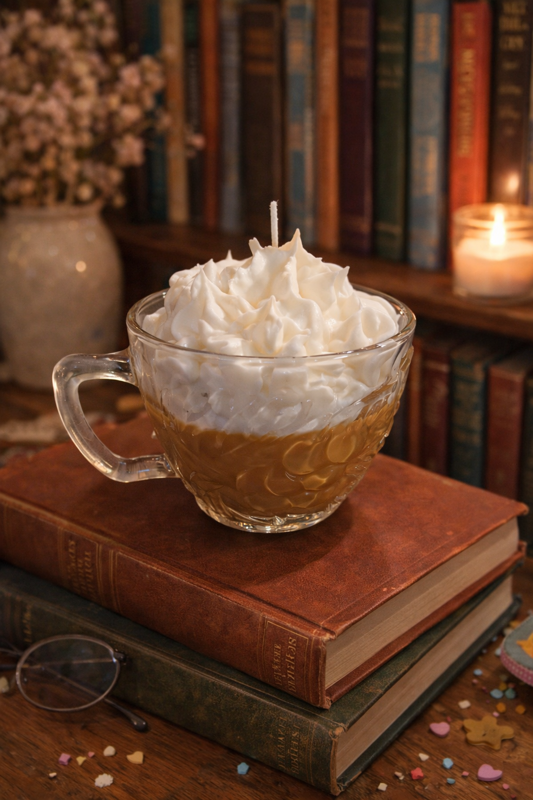 Hot coco theme candle on a stack of books in a den
