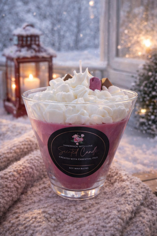 Purple and white soy candle in a glass