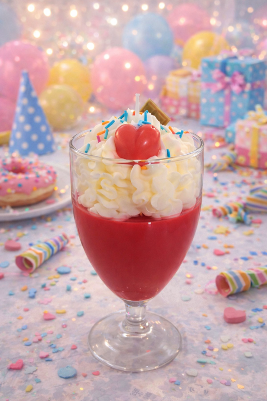 A image of a red and white soy candle in a glass 
