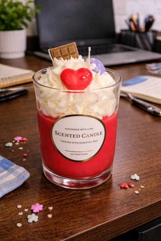 red & white soy candle with a heart