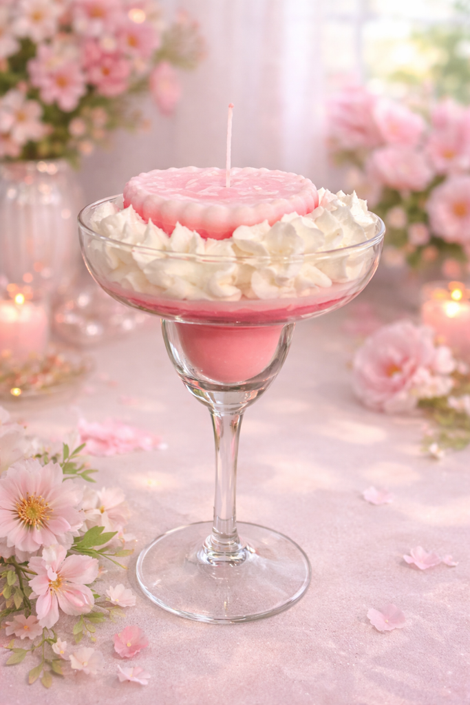 pink and whit candle in a win glass