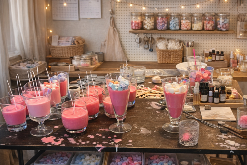 D;s Candle workshop with candles on a big table