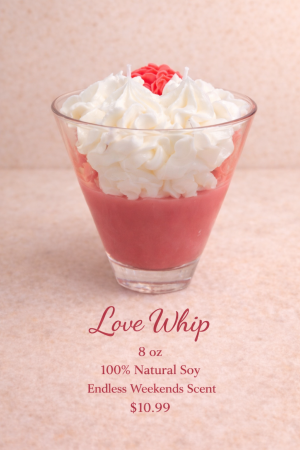 Love whip red and white theme candle in a glass