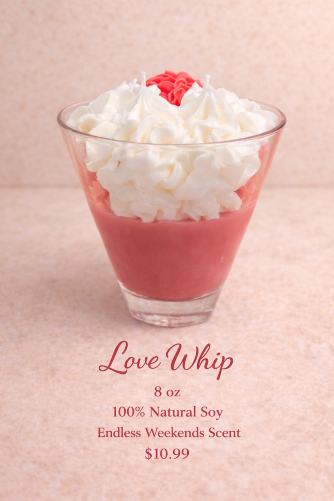 Love whip red and white theme candle in a glass