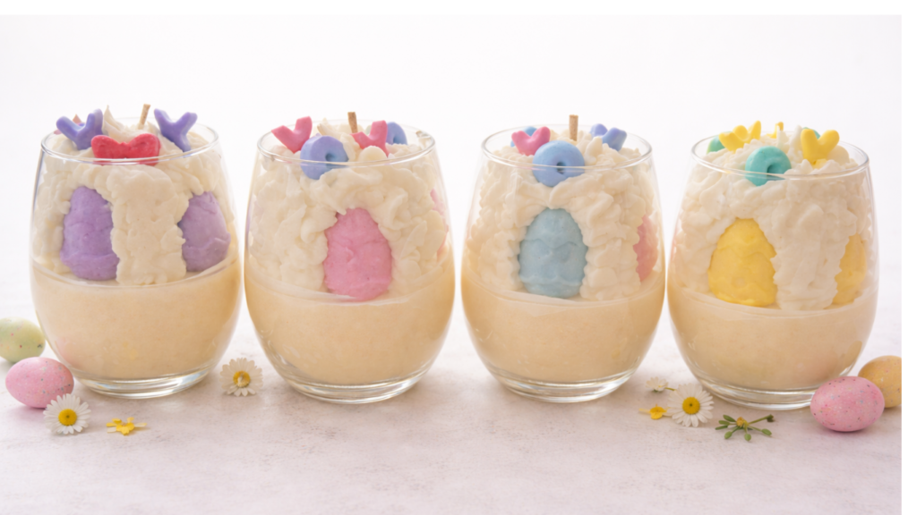Easter eggtheme candles in little glasses shapped like easter eggs