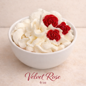 velvet rose theme candle in a white bowl