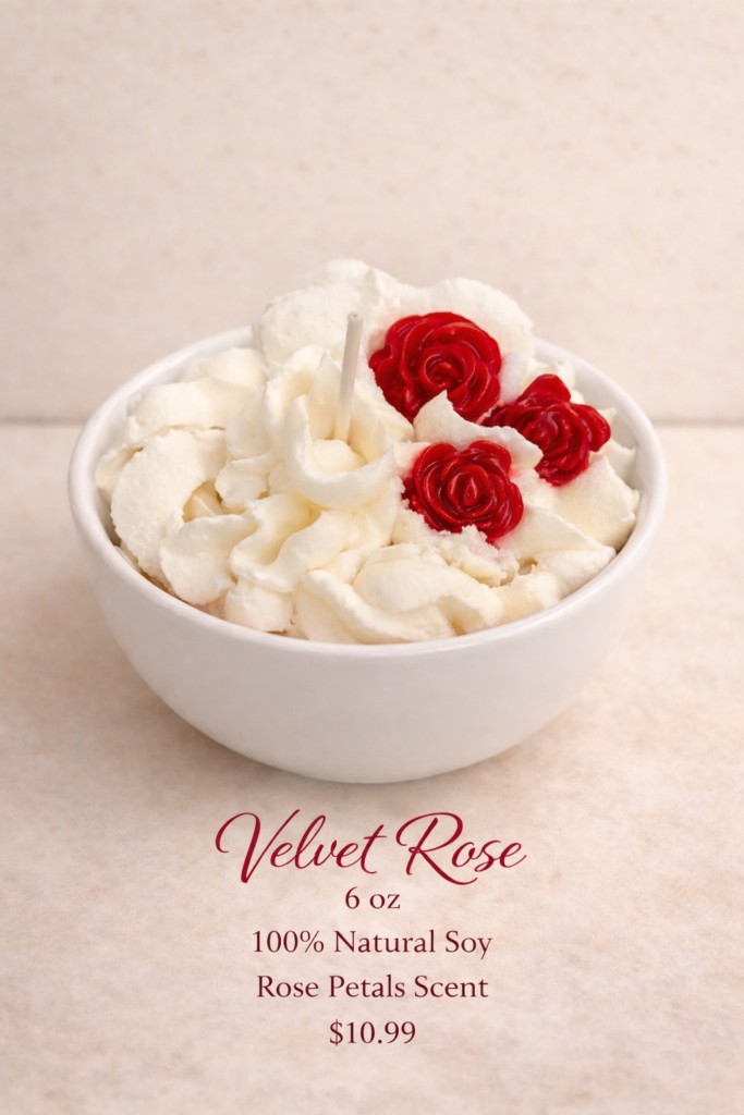 velvet rose theme candle in a white bowl